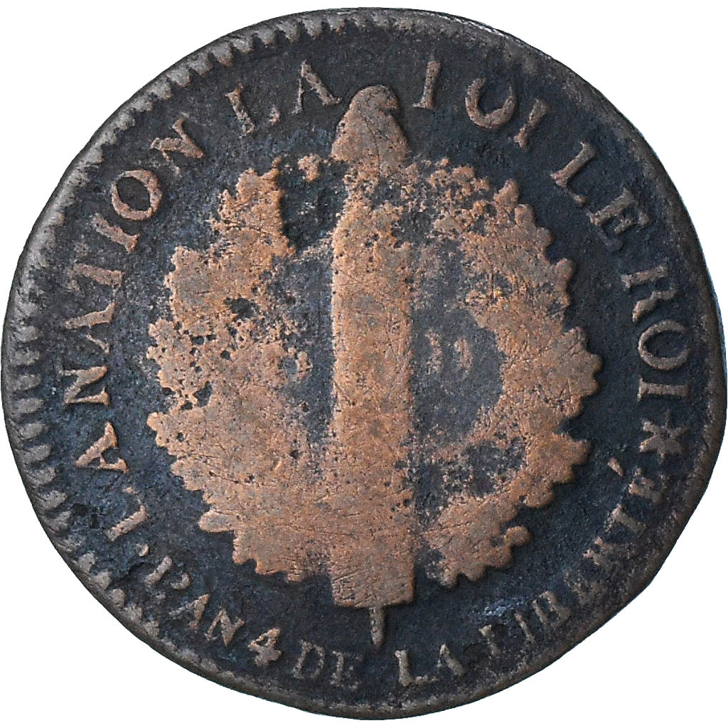 France, Louis XVI, 6 deniers français, 1792 / AN 4, Strasbourg, B, Cuivre