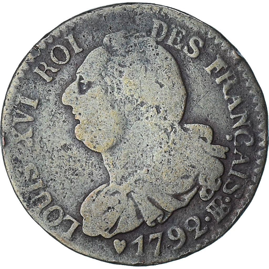 France, Louis XVI, 6 deniers français, 1792 / AN 4, Strasbourg, TB, Cuivre