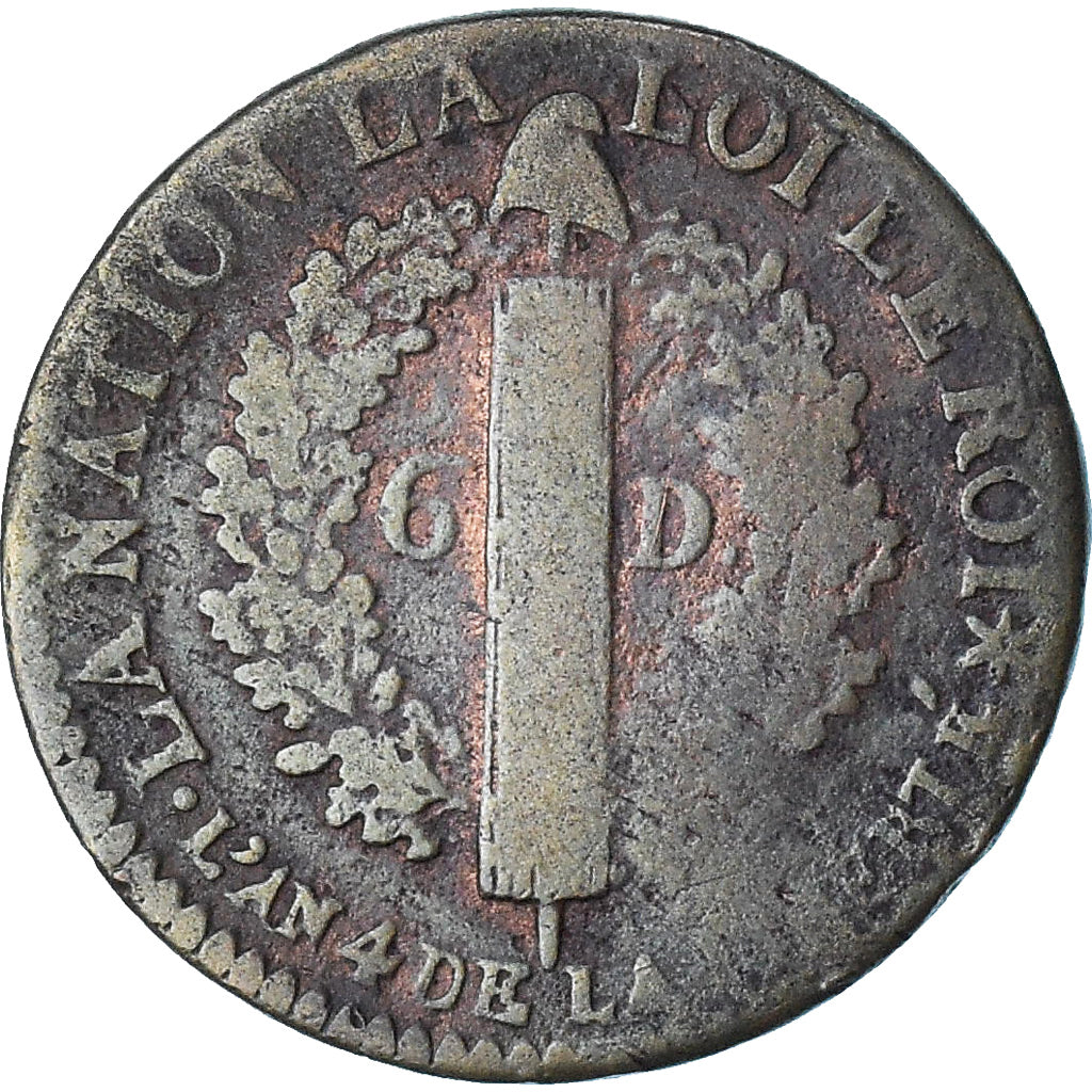 France, Louis XVI, 6 deniers français, 1792 / AN 4, Strasbourg, TB, Cuivre