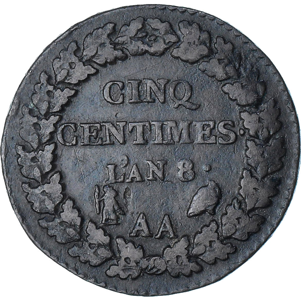 France, Dupré, 5 Centimes, AN 8, Metz, VF(20-25), Copper, Gadoury:126a