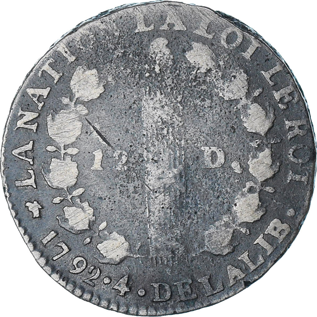 França, Louis XVI, 12 deniers françois, 1792 / AN 4, Dijon, VF(20-25), Cobre