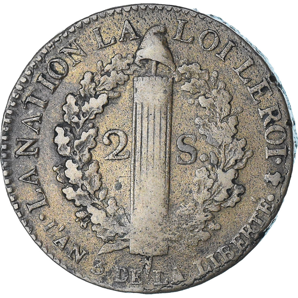 France, Louis XVI, 2 sols François, 1791 / AN 3, Paris, TB+, Cuivre, Gadoury:25