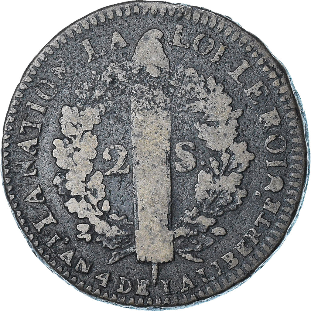 France, Louis XVI, 2 sols François, 1792 / AN 4, Montpellier, TB, Cuivre