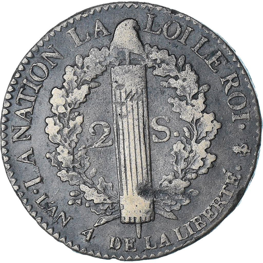 França, Louis XVI, 2 sols François, 1792 / AN 4, Paris, EF(40-45), Cobre