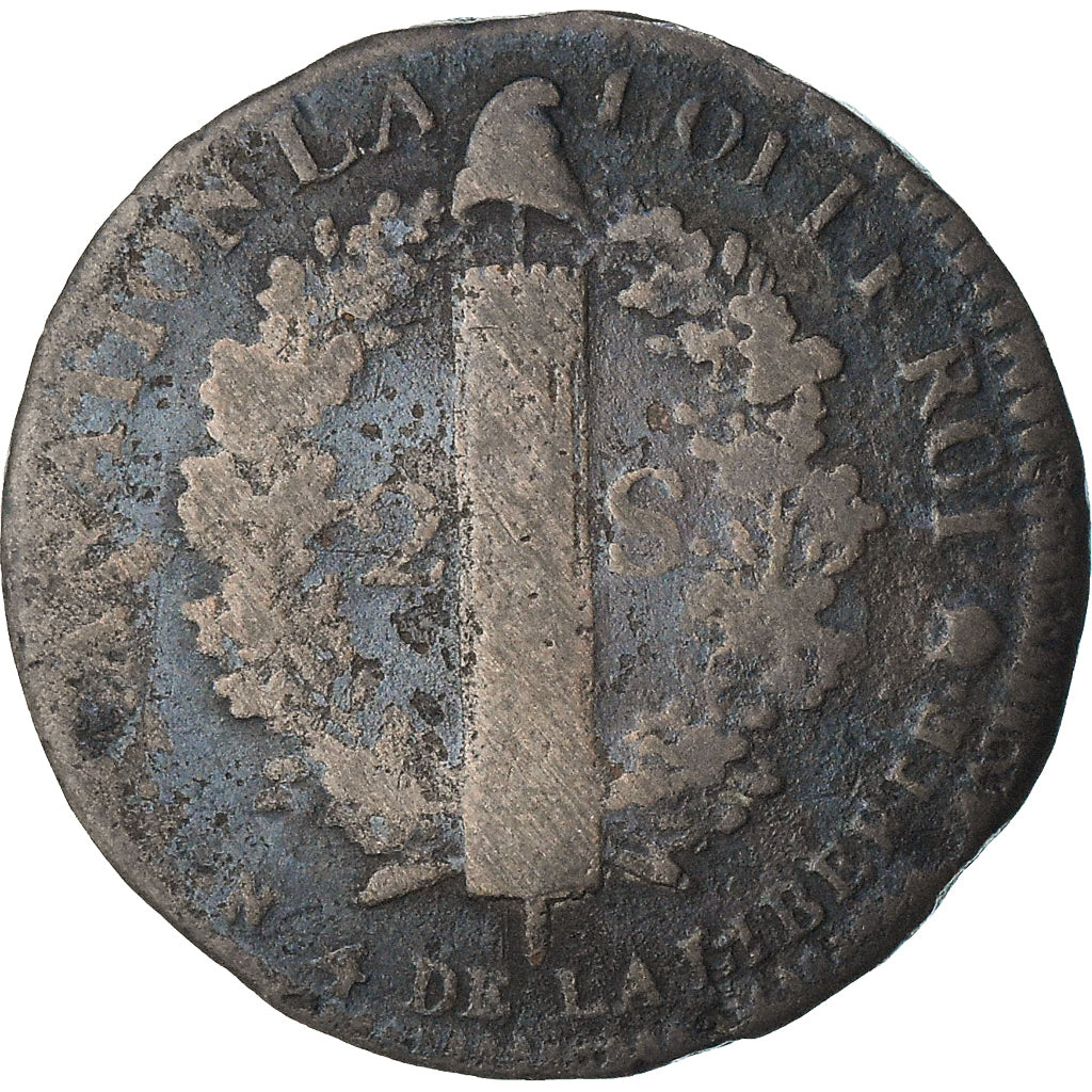 França, Louis XVI, 2 sols François, 1792 / AN 4, Montpellier, F(12-15), Cobre