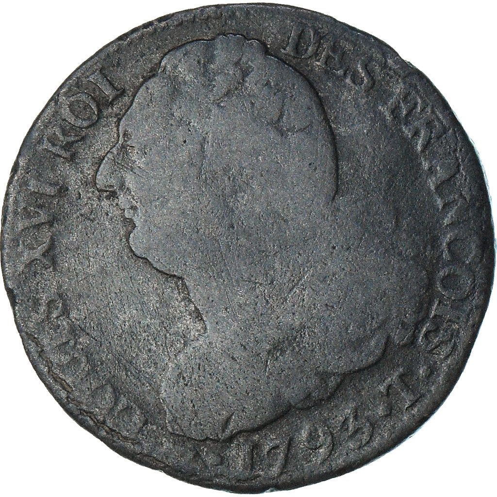France, Louis XVI, 2 sols François, 1793 / AN 5, Nantes, B+, Métal de cloche