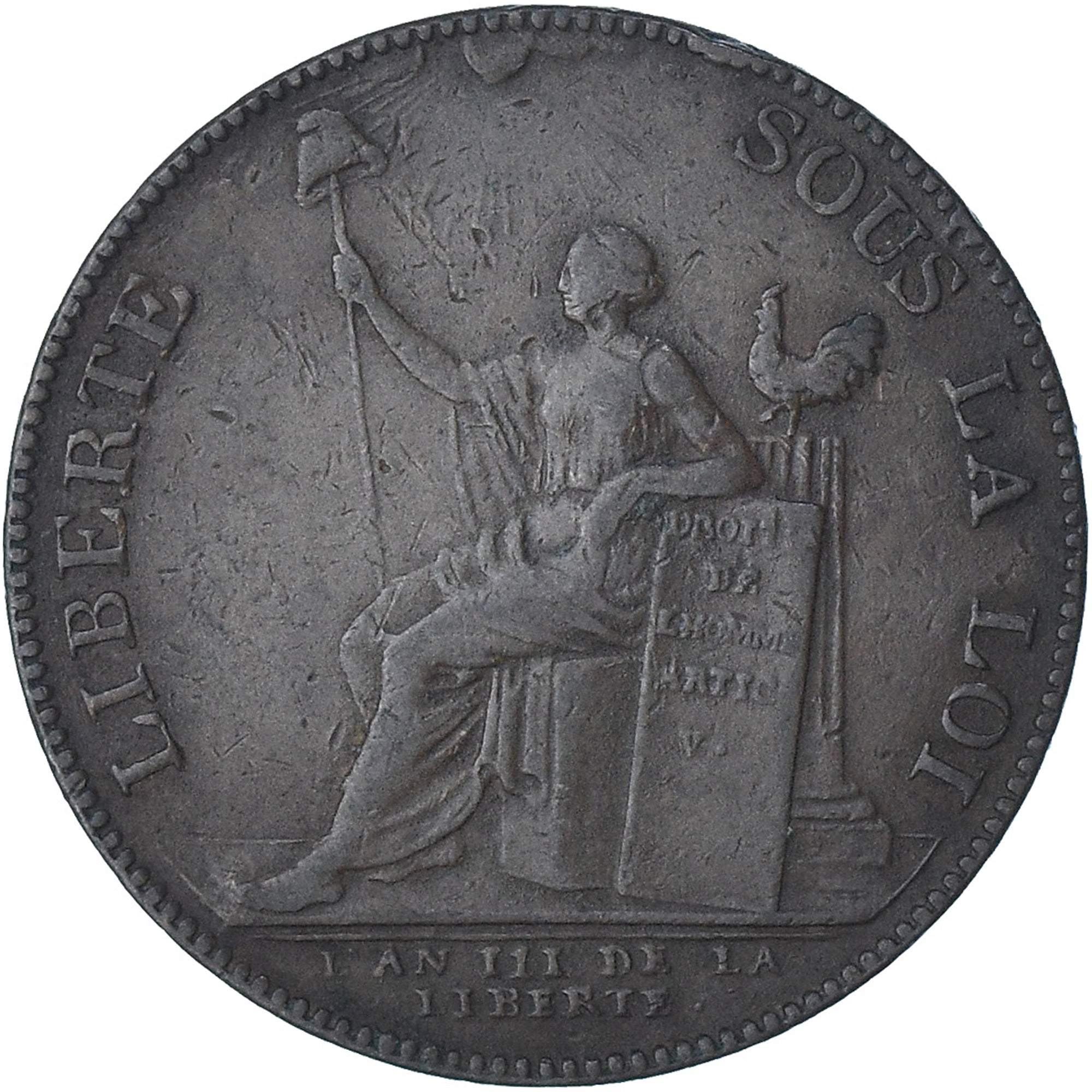 França, Monneron de 2 Sols, 1791 / AN 3, Birmingham, EF(40-45), Cobre