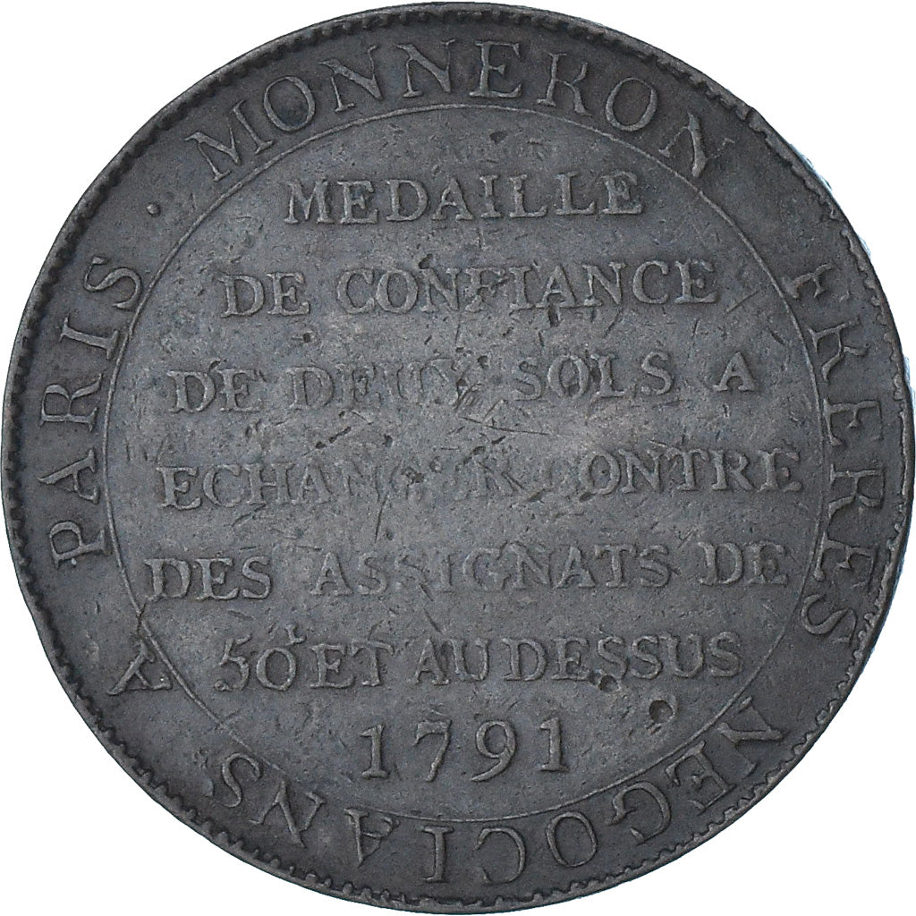 França, Monneron de 2 Sols, 1791 / AN 3, Birmingham, EF(40-45), Cobre