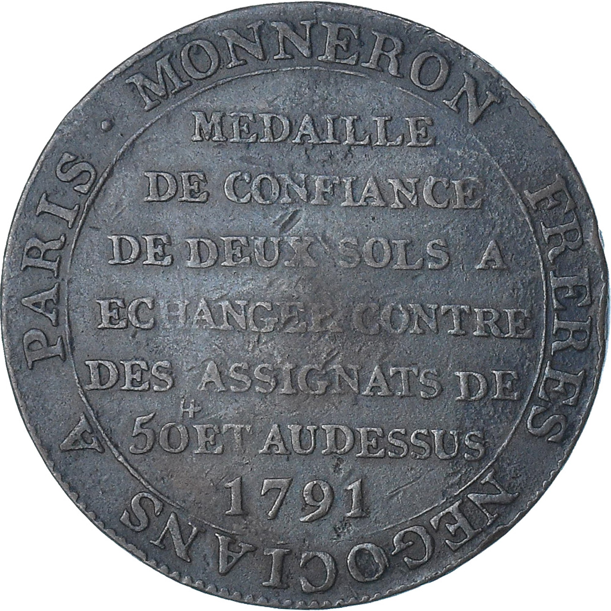 France, Monneron de 2 Sols, 1791 / AN 3, Birmingham, TB+, Cuivre