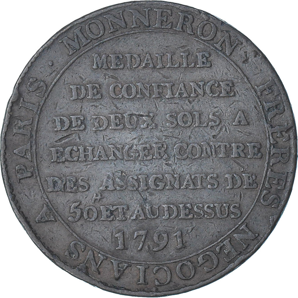 França, Monneron de 2 Sols, 1791 / AN 3, Birmingham, VF(30-35), Cobre