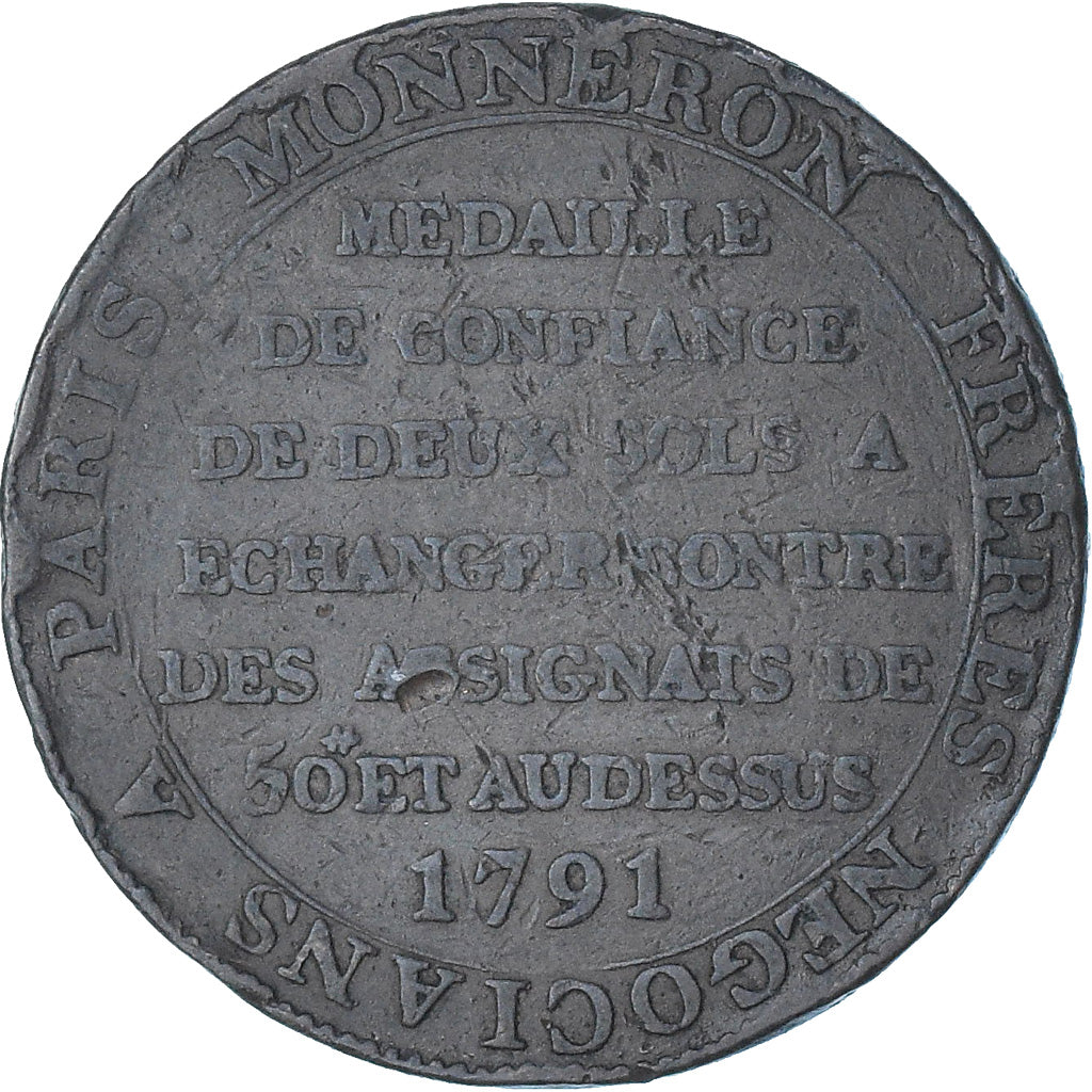 France, Monneron de 2 Sols, 1791 / AN 3, Birmingham, TB, Cuivre