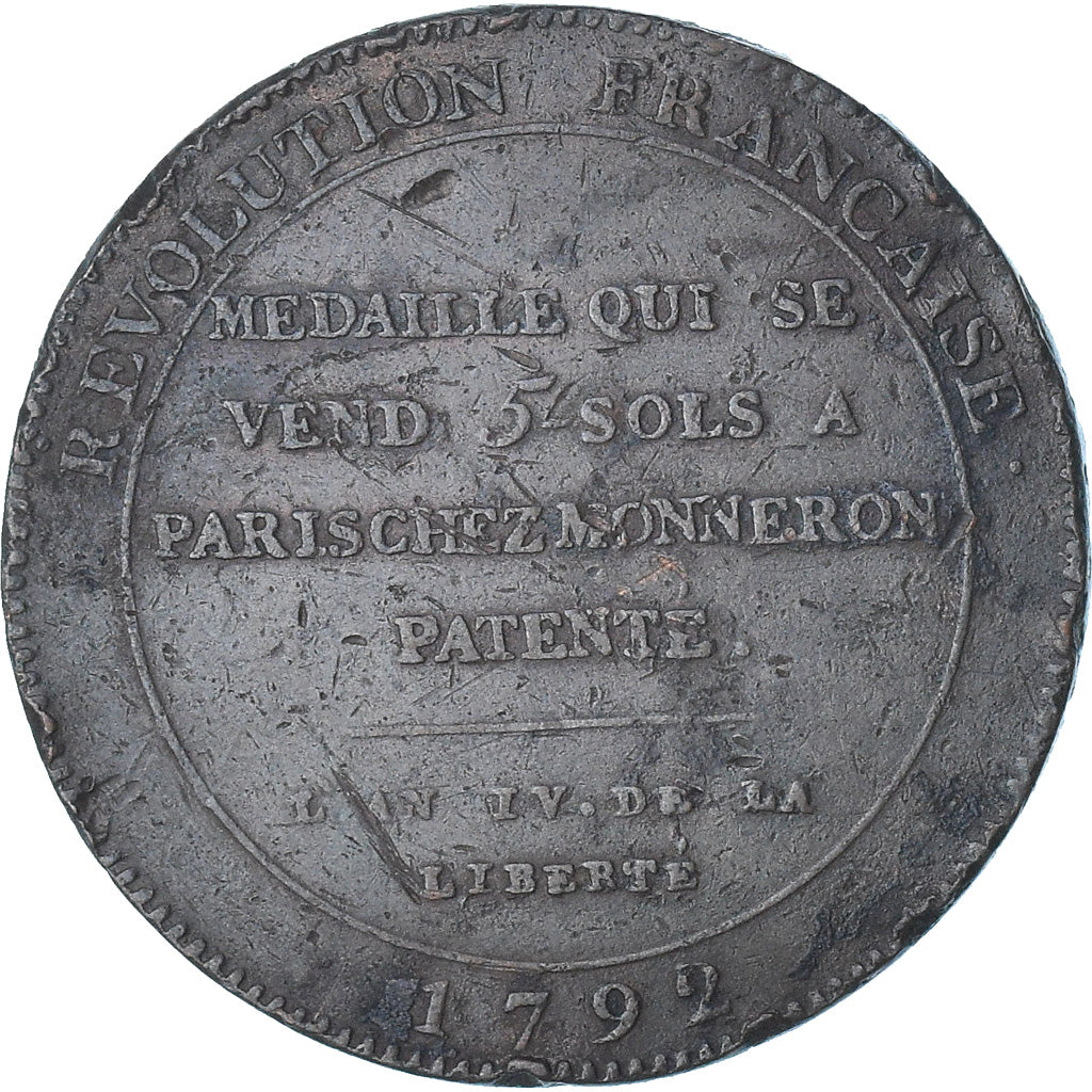 França, Monneron de 5 Sols, 1792 / AN 4, Birmingham, 3rd type, EF(40-45), Cobre
