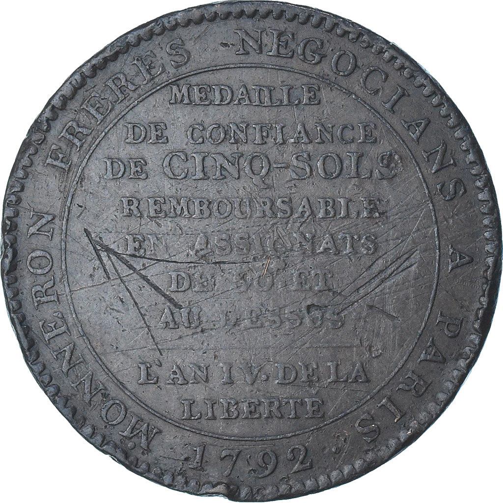 France, Monneron de 5 Sols, 1792 / AN 4, Birmingham, EF(40-45), Copper