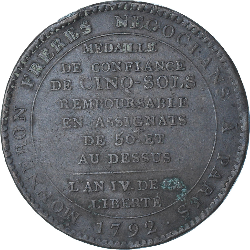 França, Monneron de 5 Sols, 1792 / AN 4, Birmingham, AU(50-53), Cobre