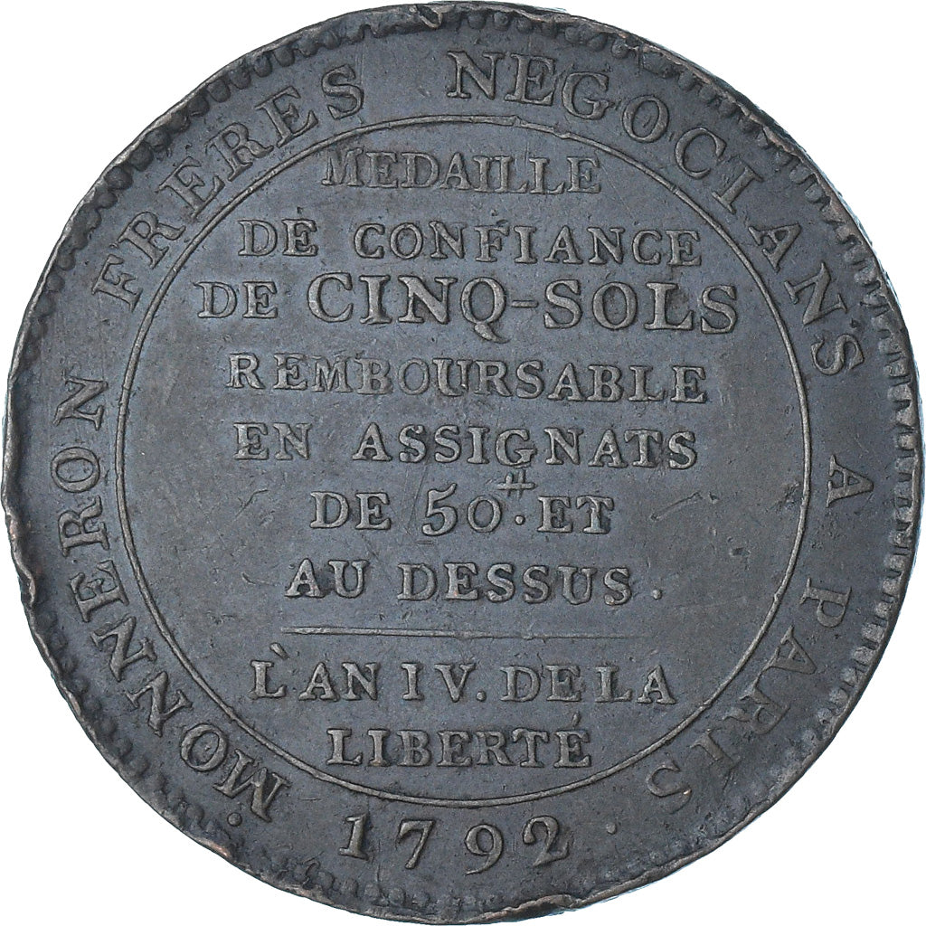 France, Monneron de 5 Sols, 1792 / AN 4, Birmingham, AU(50-53), Copper