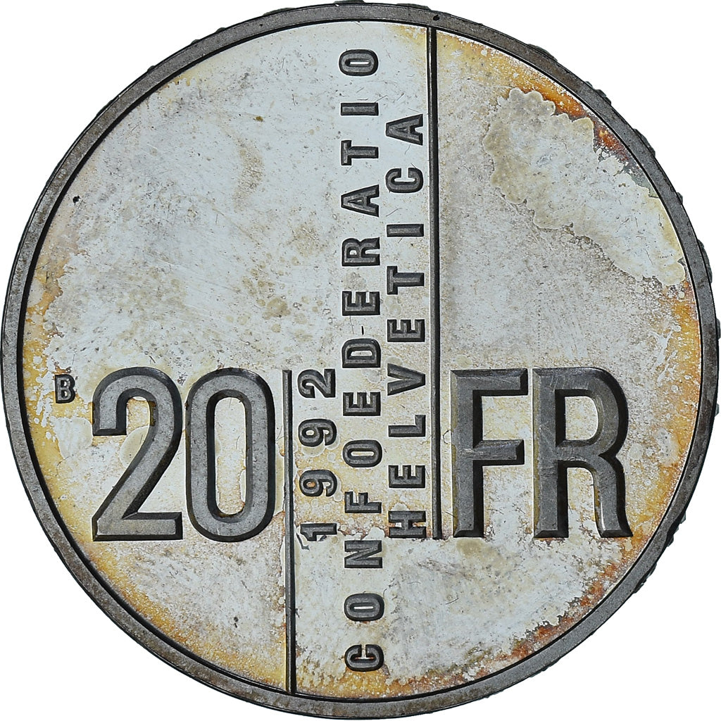 Szwajcaria, Gertrud Kurz, 20 Francs, 1992, Bern, BE, MS(60-62), Srebro, KM:72
