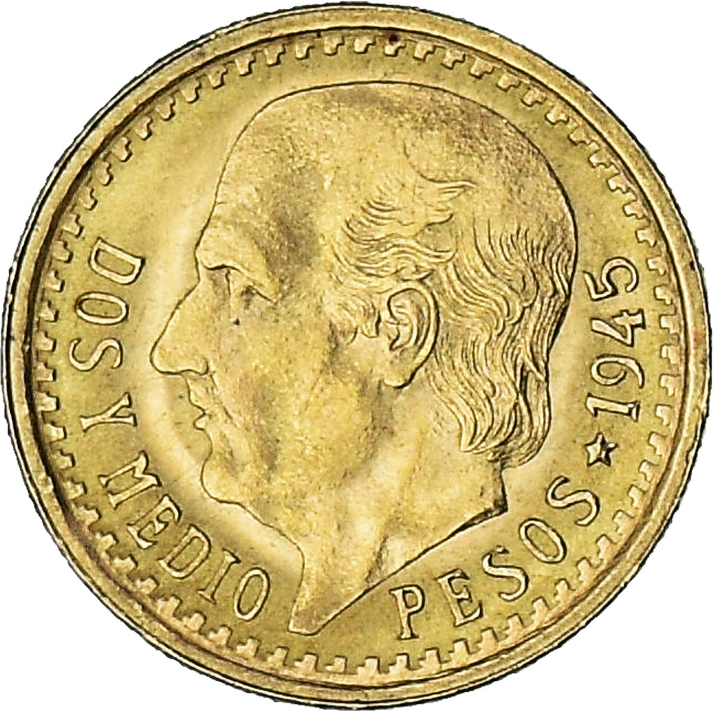 Mexico, 2-1/2 Pesos, 1945, Mexico City, MS(64), Gold, KM:463