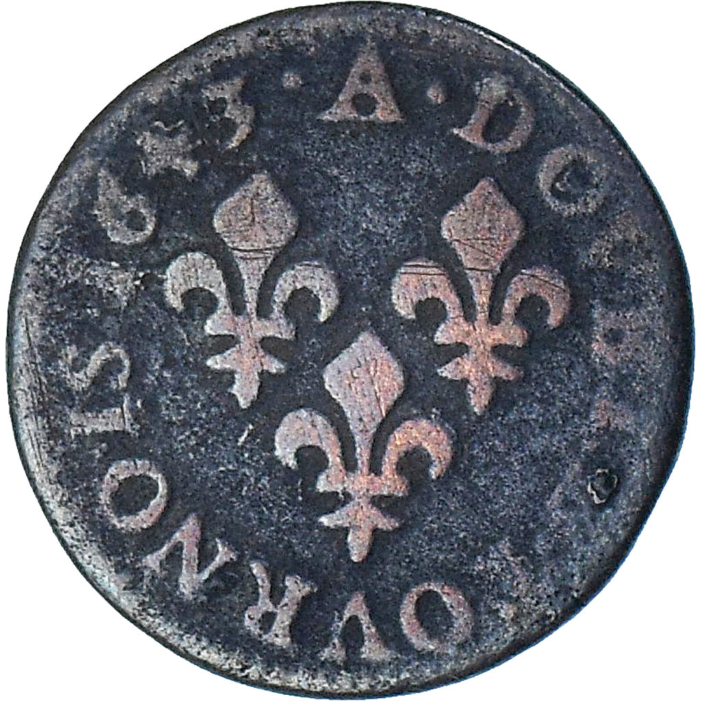 France, Louis XIII, Double Tournois, 1643, Corbeil, VF(20-25), Copper, CGKL:516