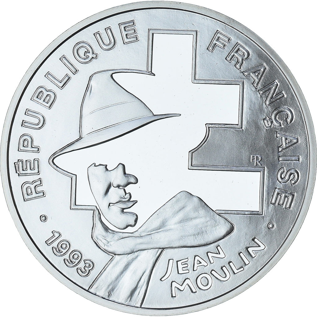 Francja, Jean Moulin, 100 Francs, 1993, Paris, Proof / BE, MS(65-70), Srebro