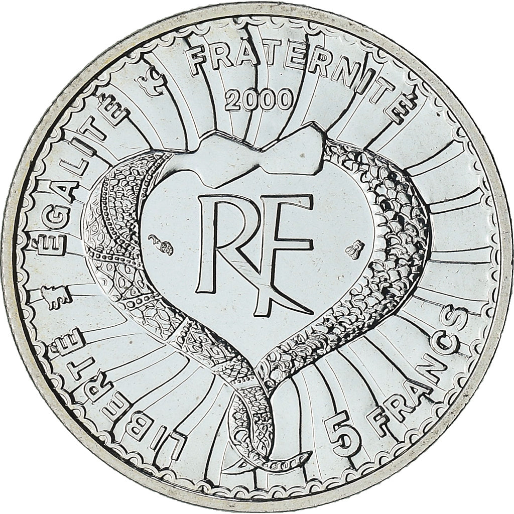 France, Yves St. Laurent, 5 Francs, 2000, Paris, BU, MS(65-70), Silver