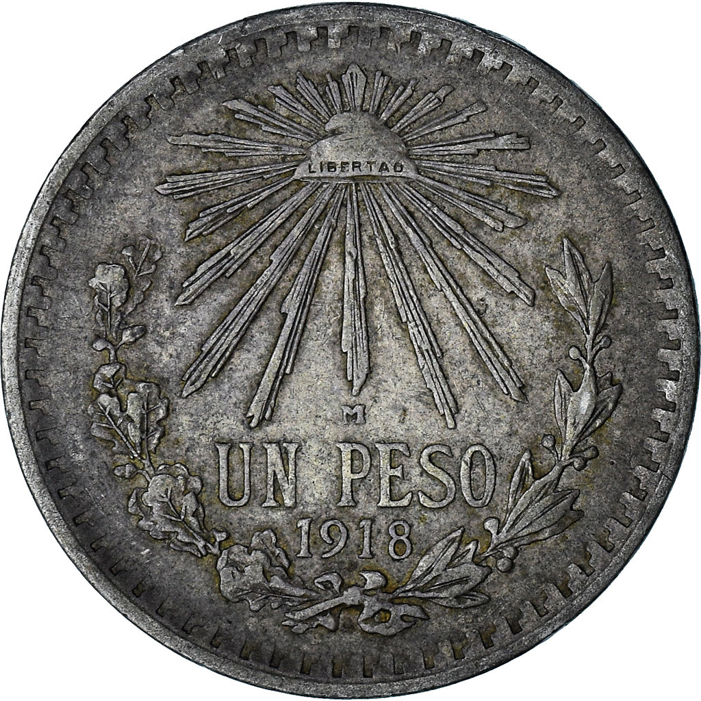 Mexico, 1 Peso, 1918, Mexico City, AU(50-53), Silver, KM:454