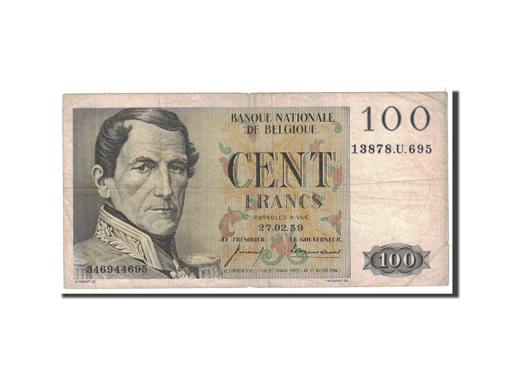 Belgium, 100 Francs, 1959, KM:129c, 1959-02-27, VF(20-25)