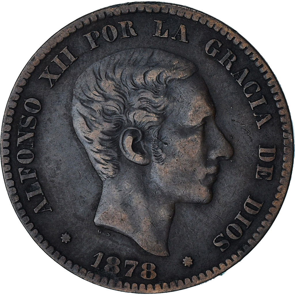 Spain, Alfonso XII, 10 Centimos, 1878, Barcelona, AU(50-53), Bronze, KM:675