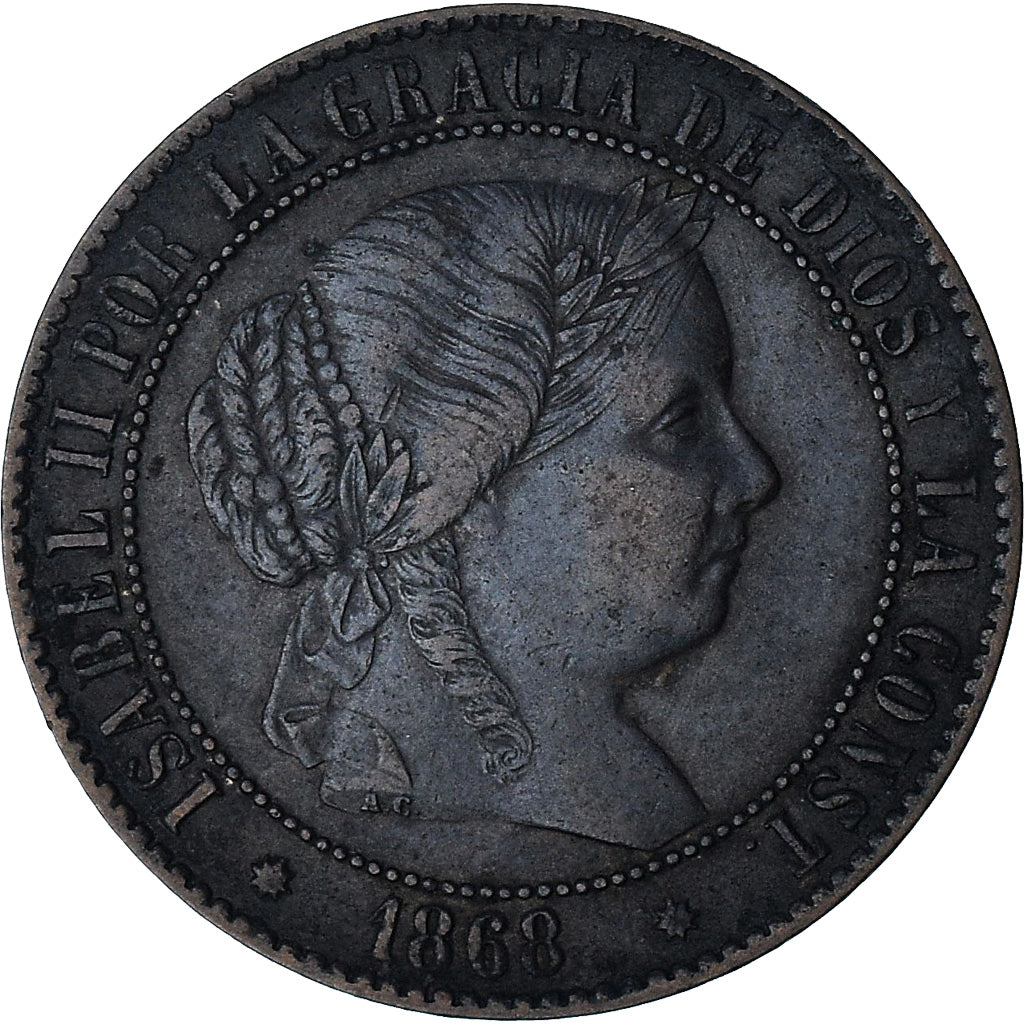 España, Isabel II, 2-1/2 Centimos, 1868, Barcelona, MBC+, Bronce