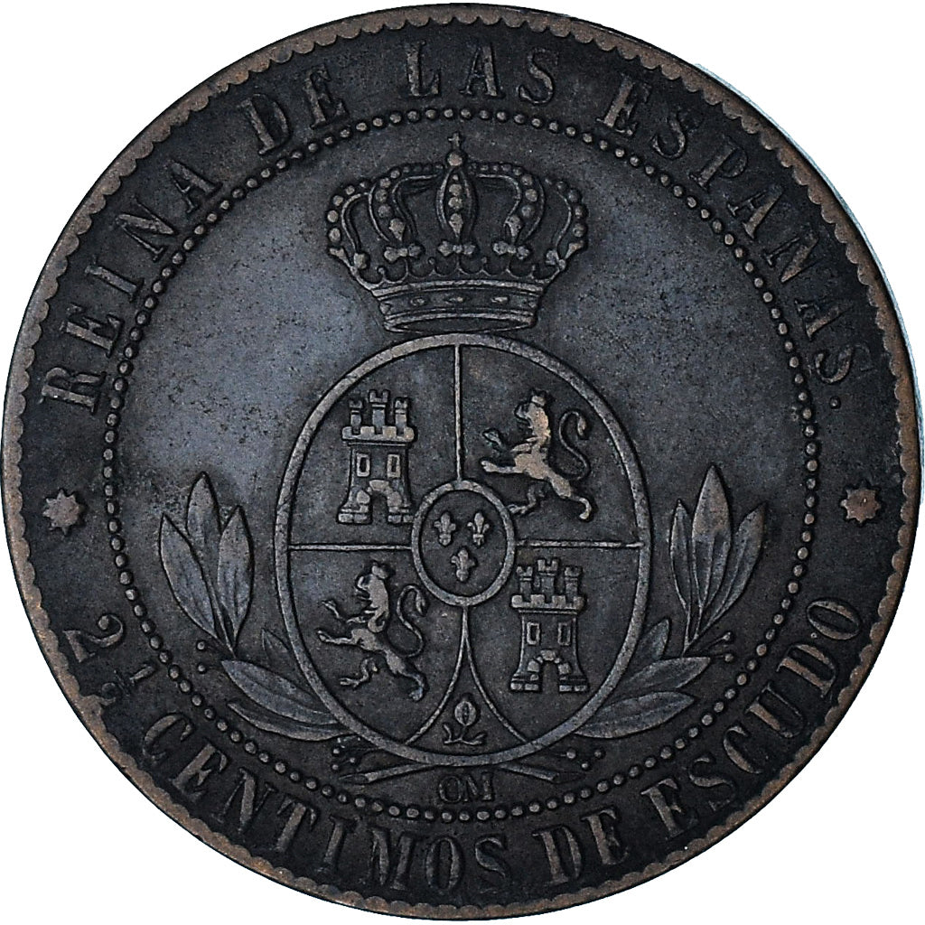 España, Isabel II, 2-1/2 Centimos, 1868, Barcelona, MBC+, Bronce