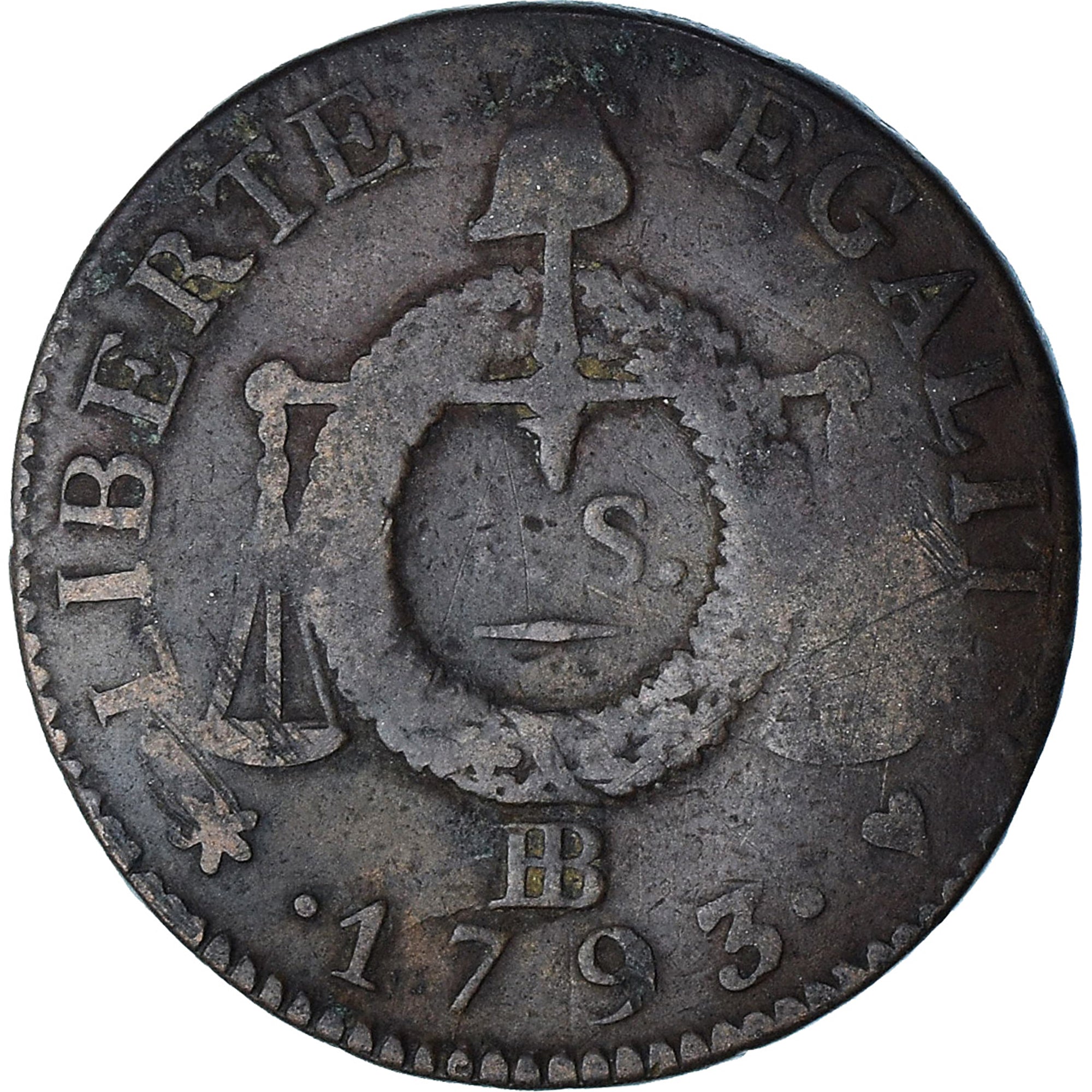 França, Dupré, Sol aux Balances, 1793 / AN II, Strasbourg, VF(20-25), Cobre