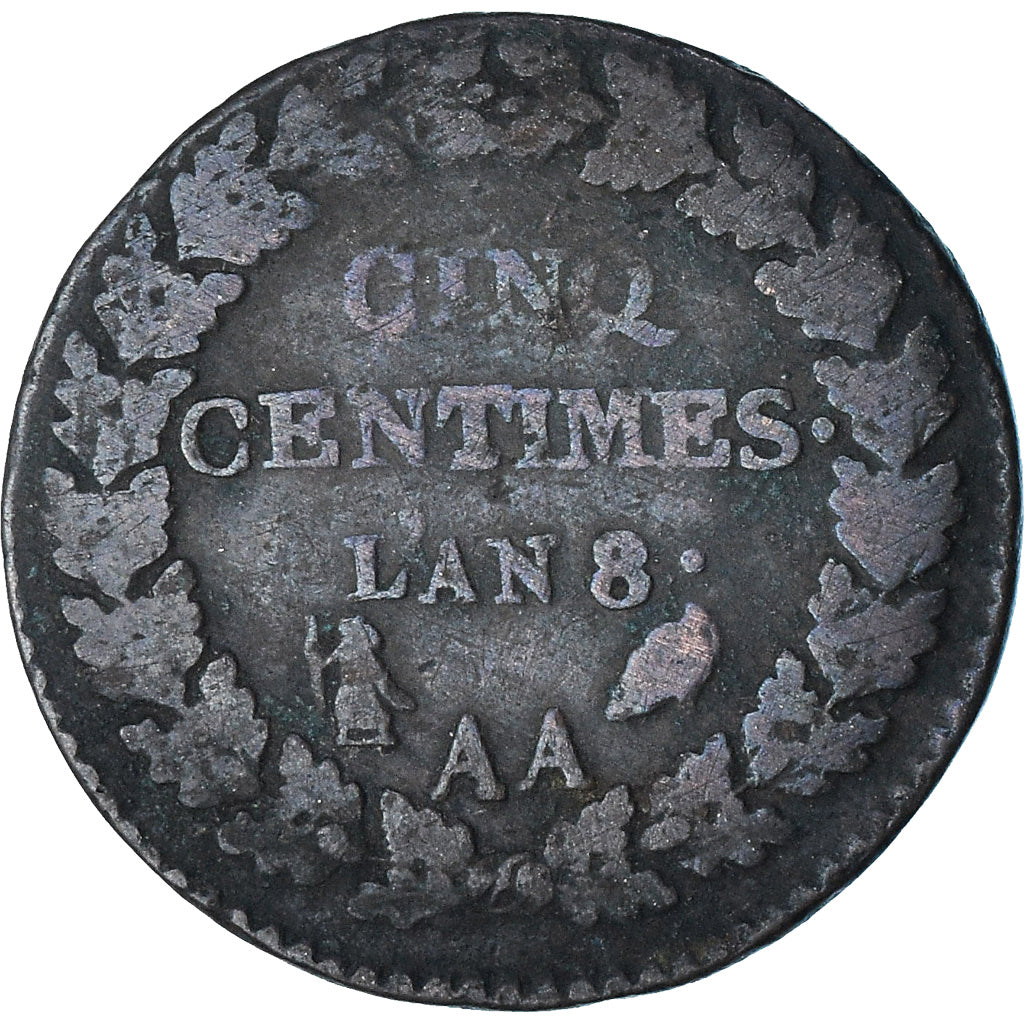 França, Dupré, 5 Centimes, AN 8, Metz, VF(20-25), Cobre, Gadoury:126a