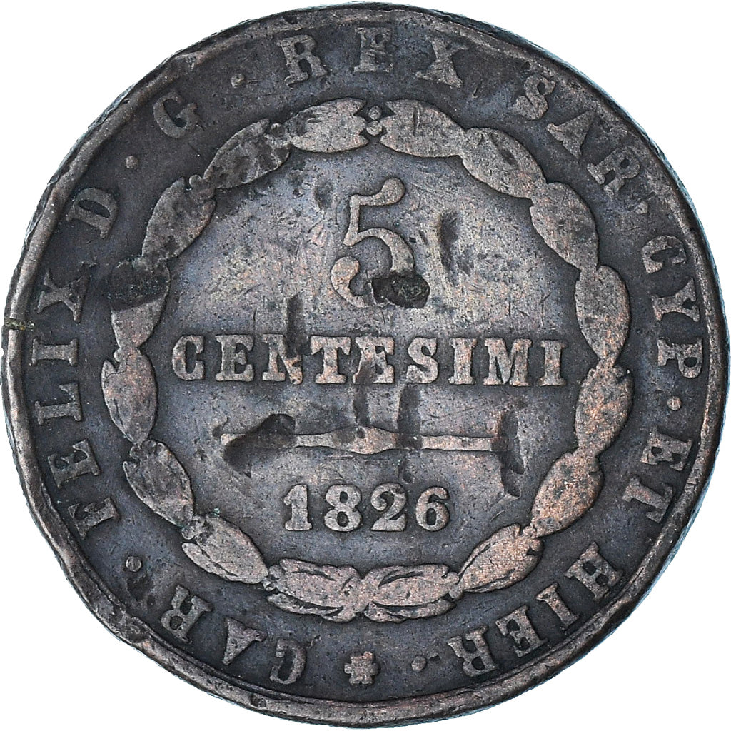 Italy, Carlo Felice, 5 Centesimi, 1826, Genoa, VF(30-35), Copper