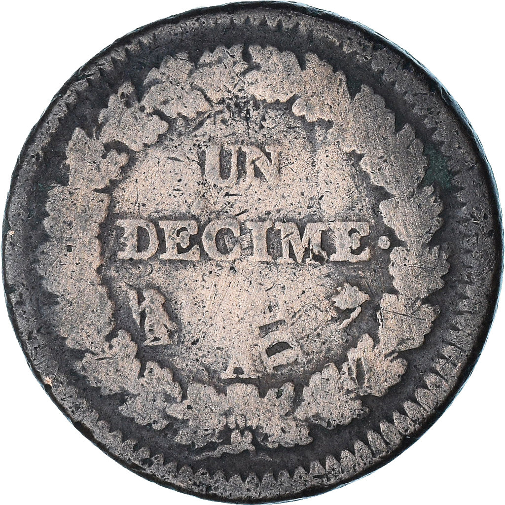 France, Dupré, 1 Décime, An 5-6, Paris, Surfrappe du 2 Décimes, TB, Cuivre
