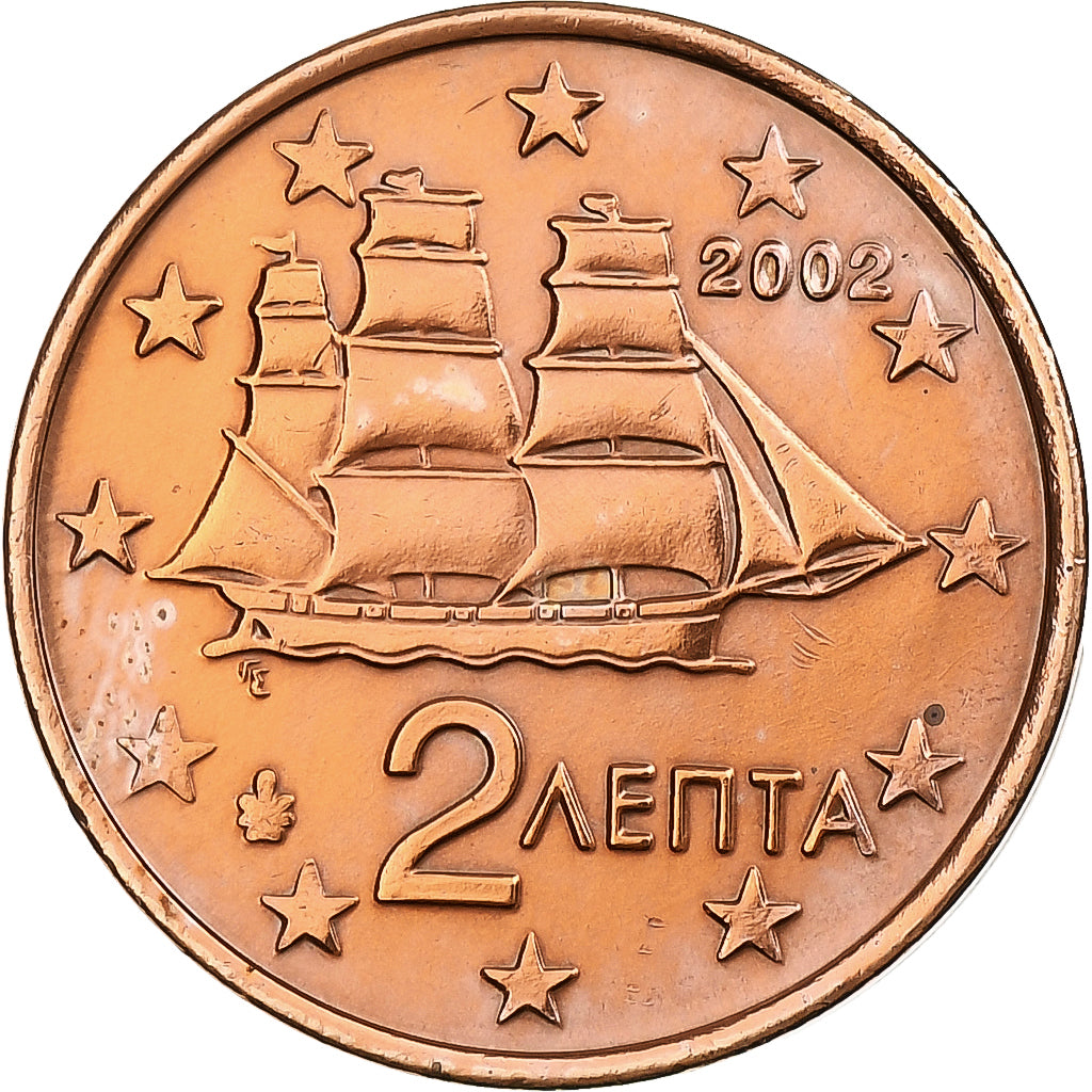 Grecia, 2 Euro Cent, 2002, Athens, Cobre chapado en acero, MBC, KM:182