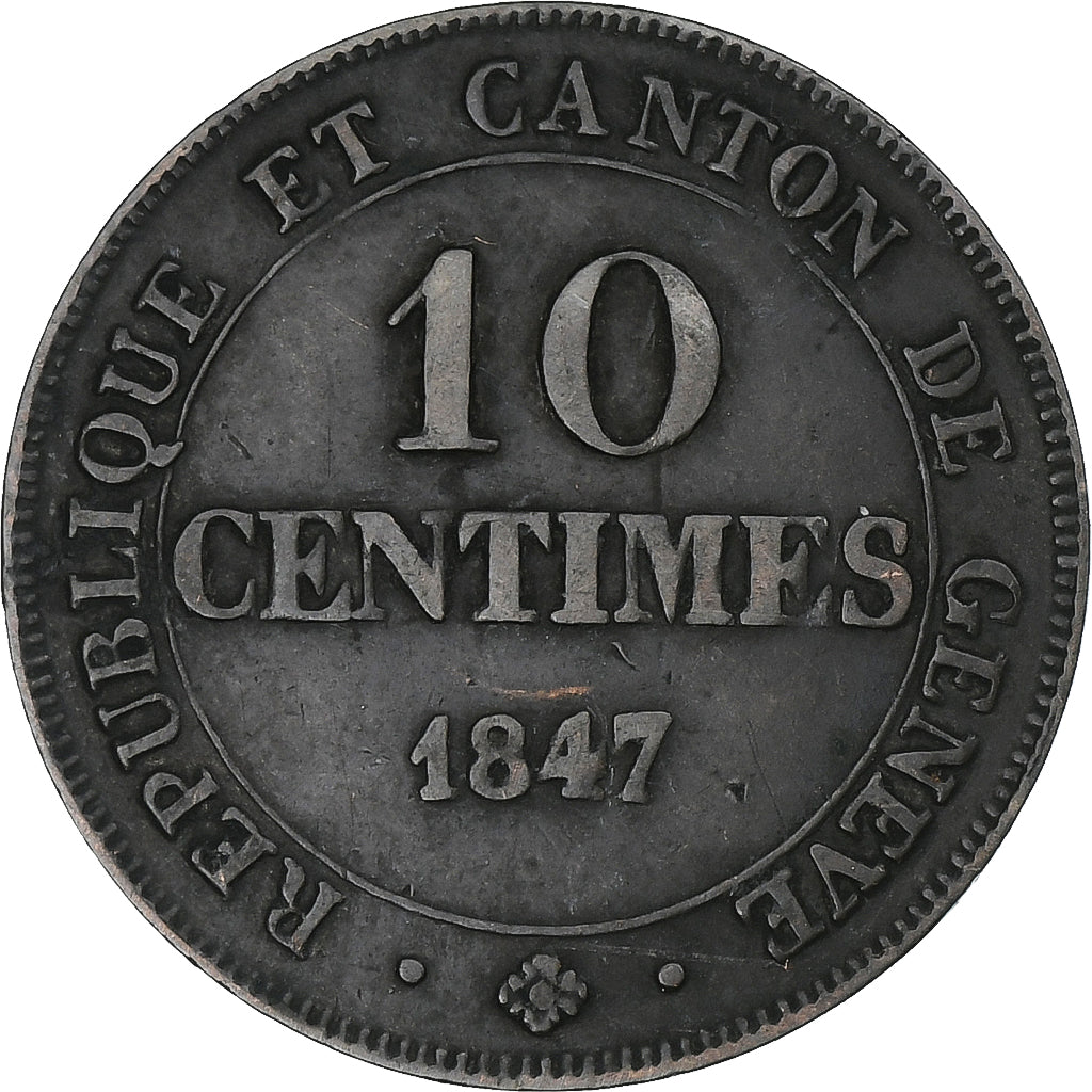 Switzerland, Canton de Genève, 10 Centimes, 1847, Genève, AU(50-53), Billon