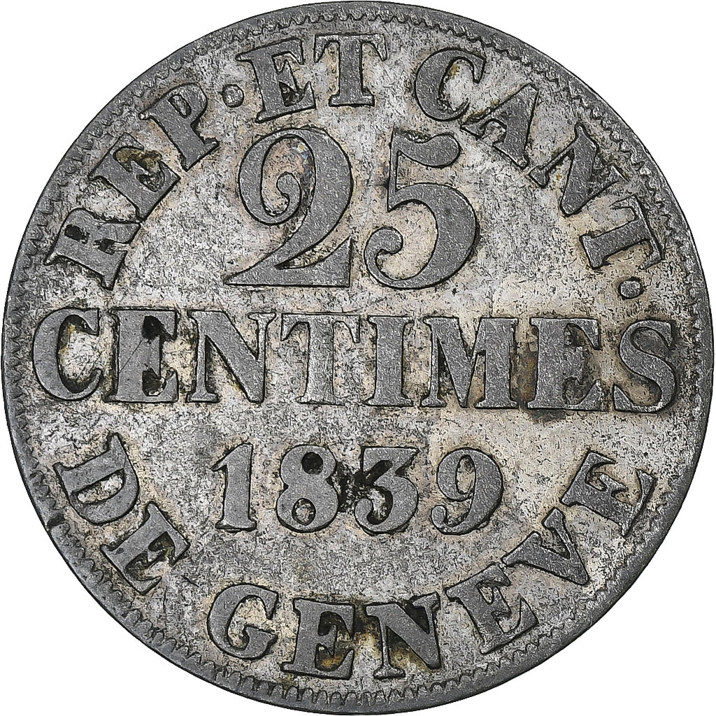 Switzerland, Canton de Genève, 25 Centimes, 1839, Genève, EF(40-45), Silver