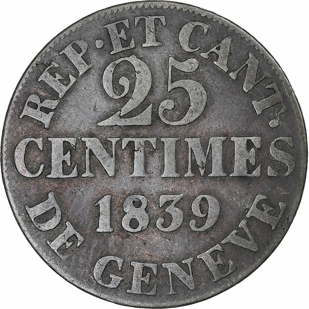Switzerland, Canton de Genève, 25 Centimes, 1839, Genève, EF(40-45), Silver