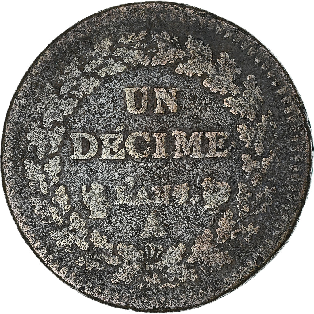 France, Dupré, 1 Décime, AN 7, Paris, Coq/Corne, B+, Cuivre, Gadoury:187