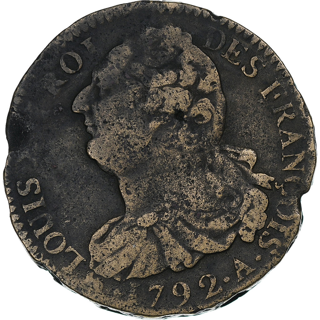 Francia, Louis XVI, 2 Sols, 1792 / AN 4, Paris, Bronzo, MB, Gadoury:25