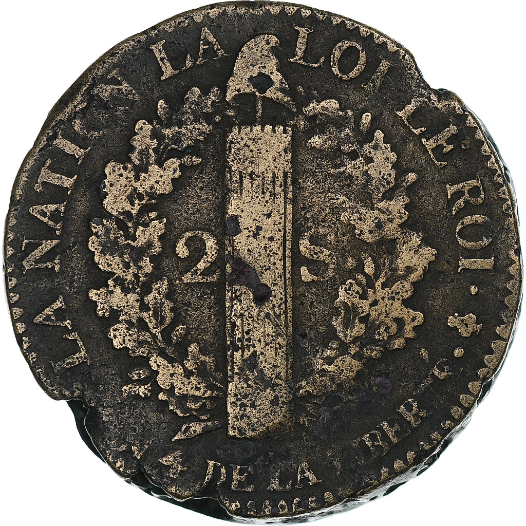 Francia, Louis XVI, 2 Sols, 1792 / AN 4, Paris, Bronzo, MB, Gadoury:25