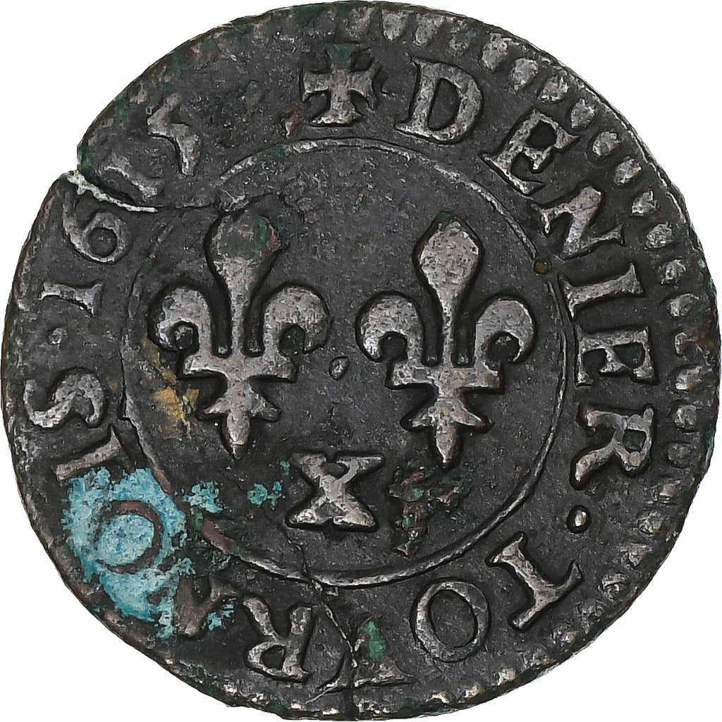 Francia, Louis XIII, Denier Tournois, 1615, Amiens, Rare, BB, Rame, CGKL:268