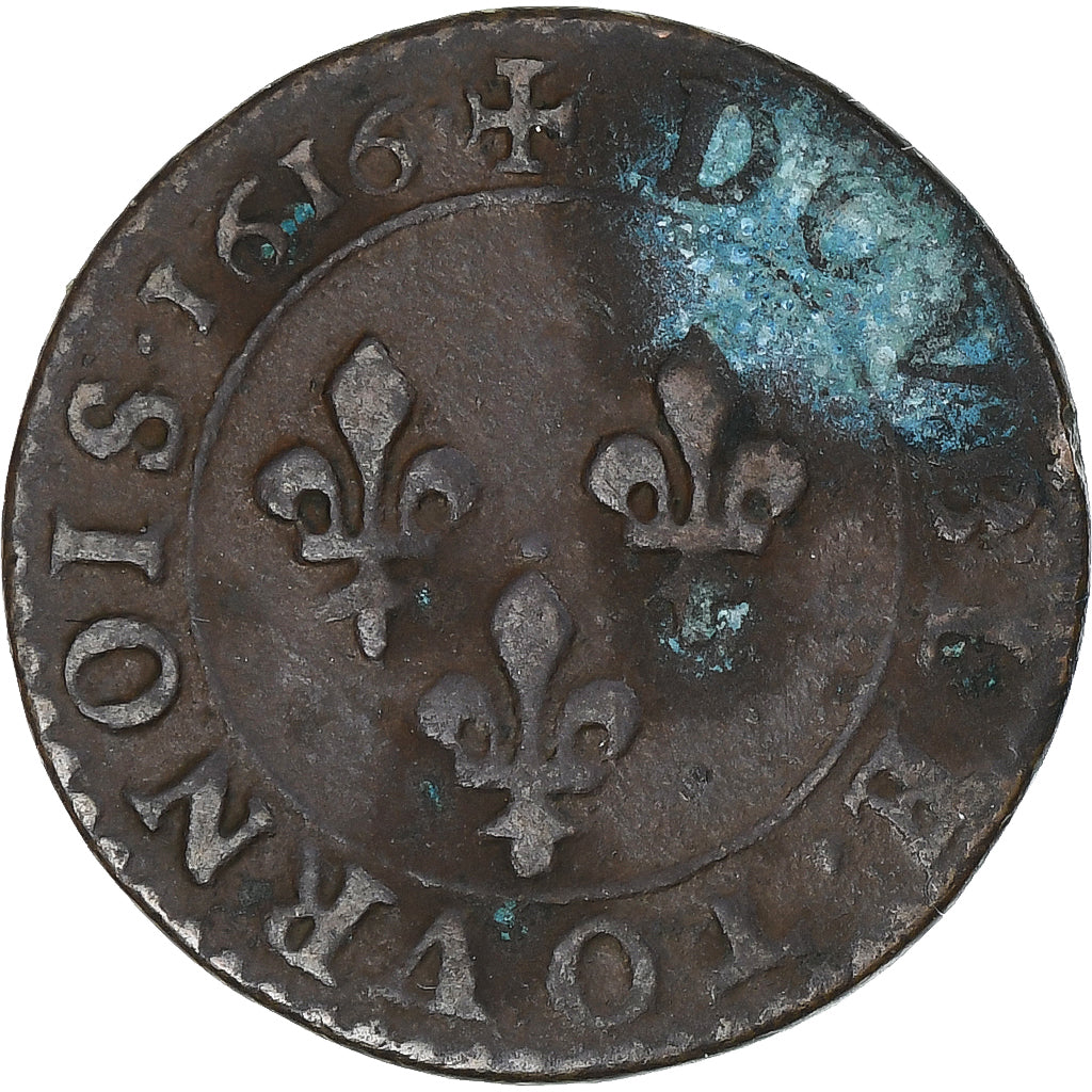 França, Louis XIII, Double Tournois, 1616, Amiens, 3rd type, VF(30-35), Cobre