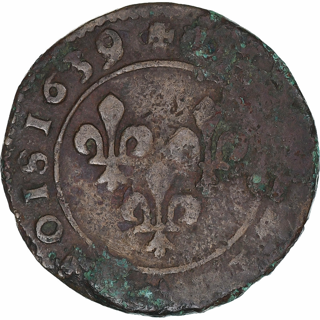 France, Louis XIII, Double Tournois, 1639, Axe Loire-Rhône, Copper, VF(30-35)