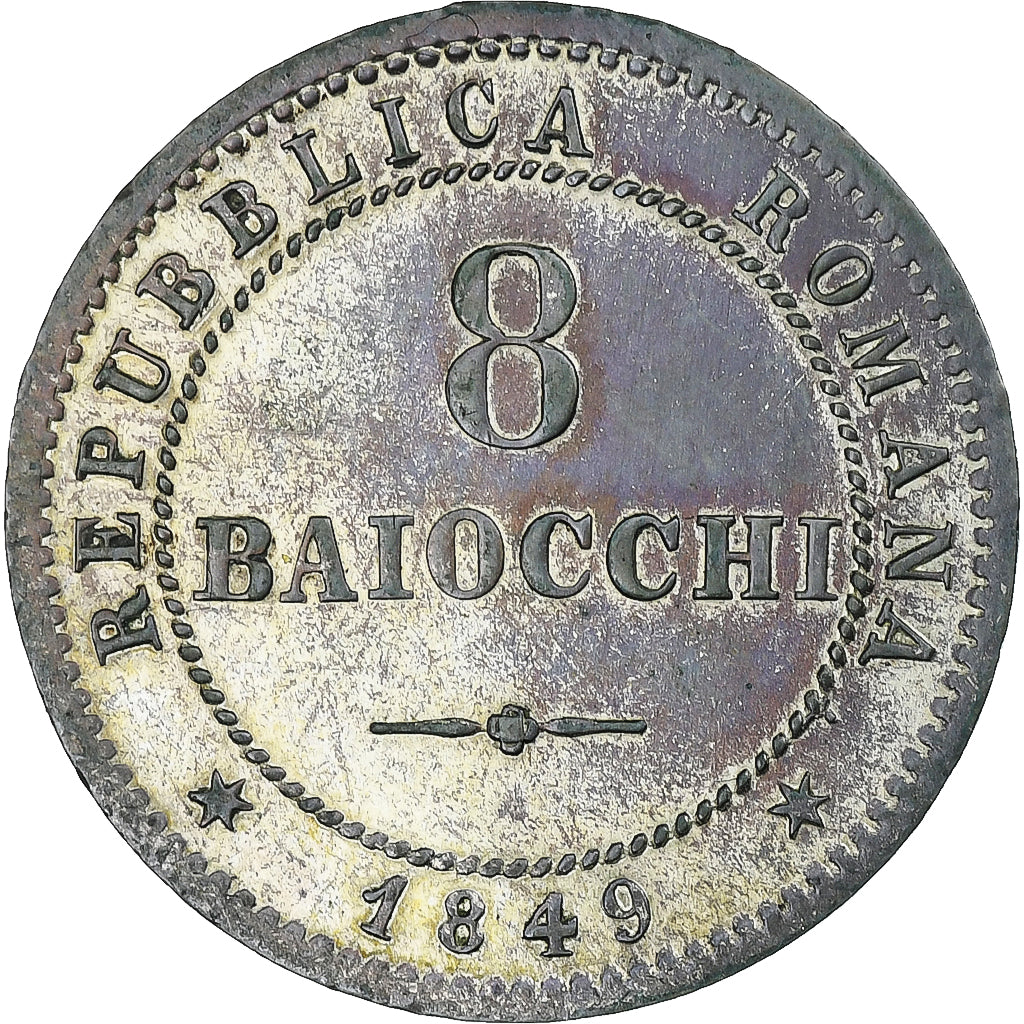 Italy, ROMAN REPUBLIC, 8 Baiocchi, 1849, Rome, Billon, AU(55-58), KM:25