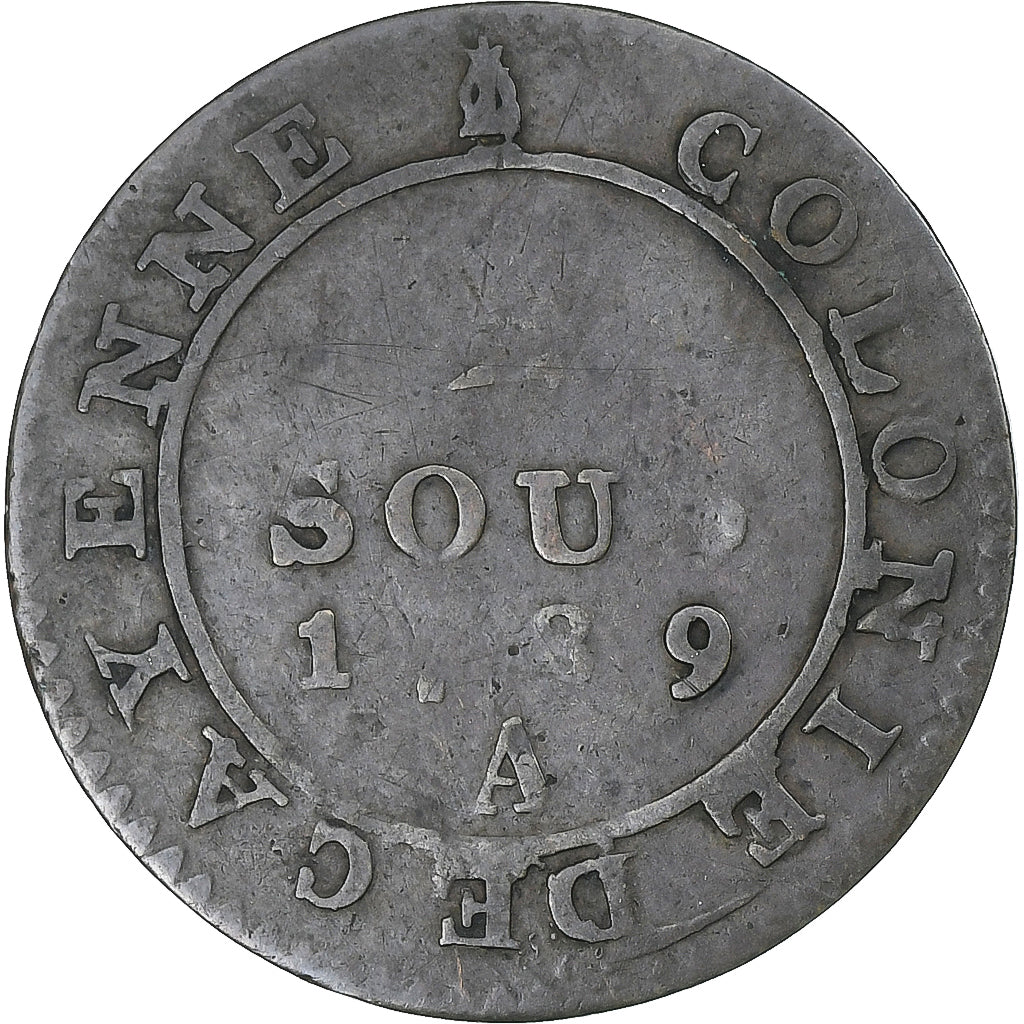 FRENCH GUIANA, Louis XVI, 2 Sous, 1789, Paris, Copper, VF(20-25)