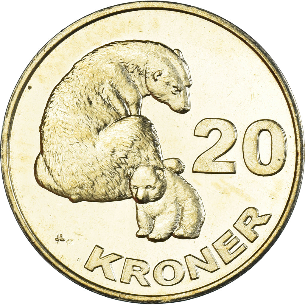 Monnaie, Groenland, 20 Kroner, 2010, Ours polaire et ourson., SPL, Laiton