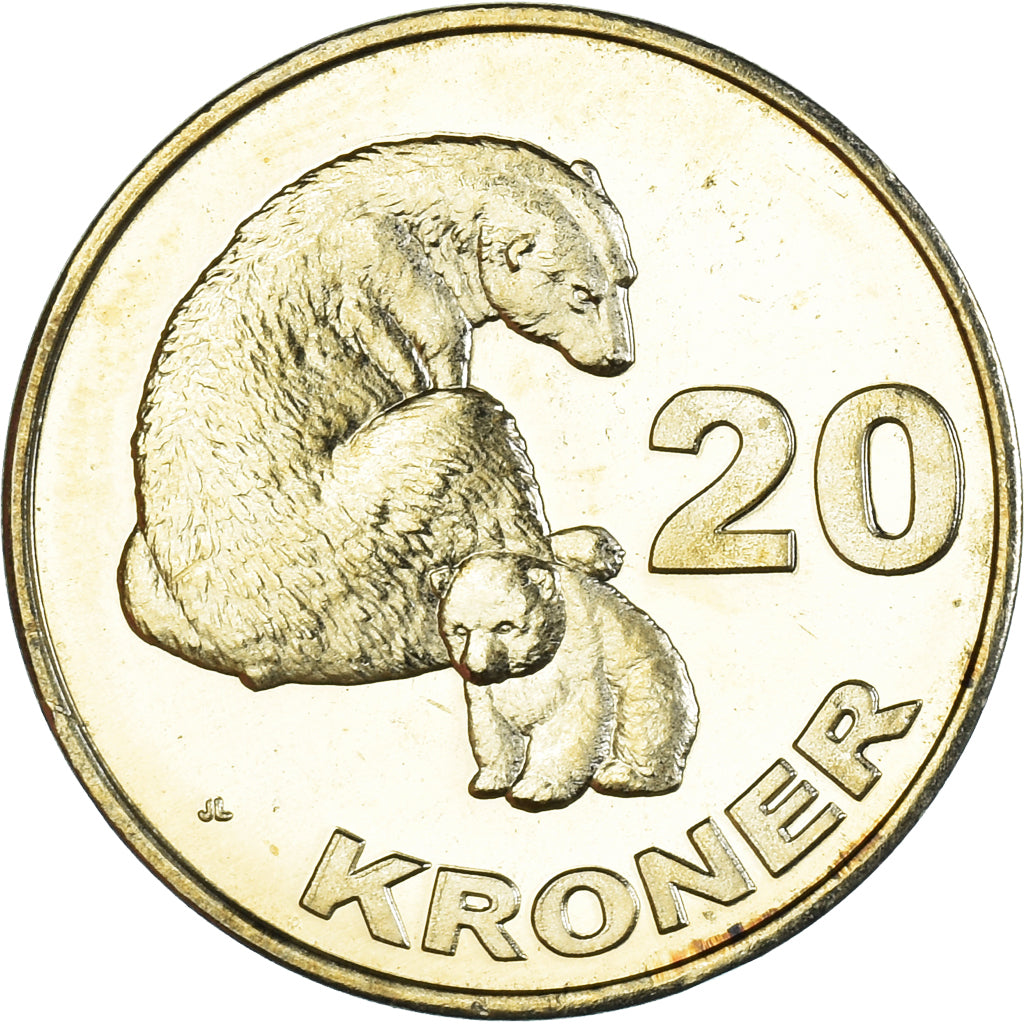 Münze, Groenland, 20 Kroner, 2010, Ours polaire et ourson., UNZ, laiton