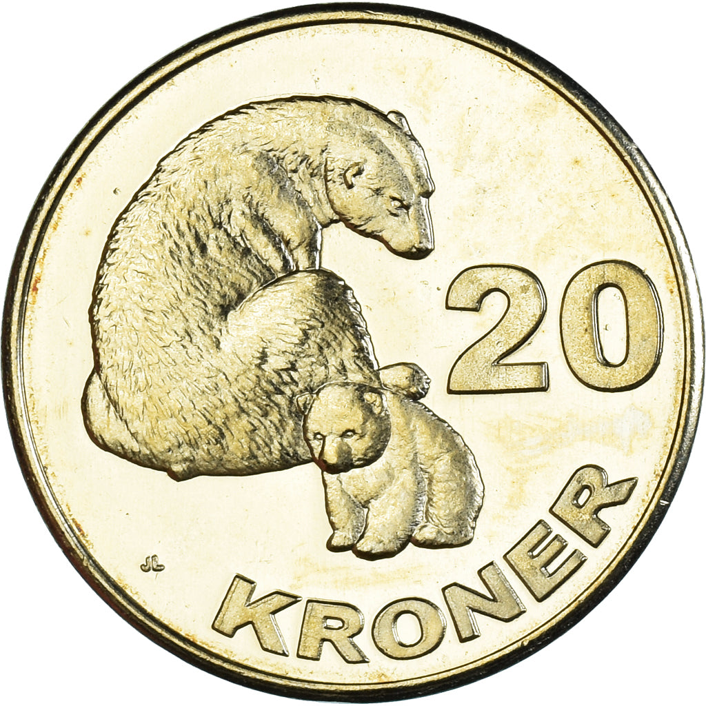 Monnaie, Groenland, 20 Kroner, 2010, Ours polaire et ourson., SPL, Laiton