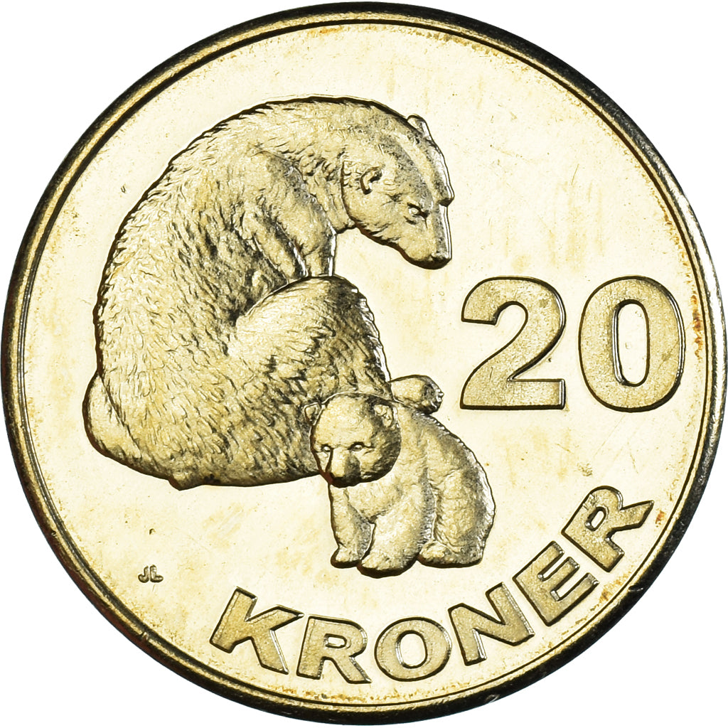 Münze, Groenland, 20 Kroner, 2010, Ours polaire et ourson., UNZ, laiton