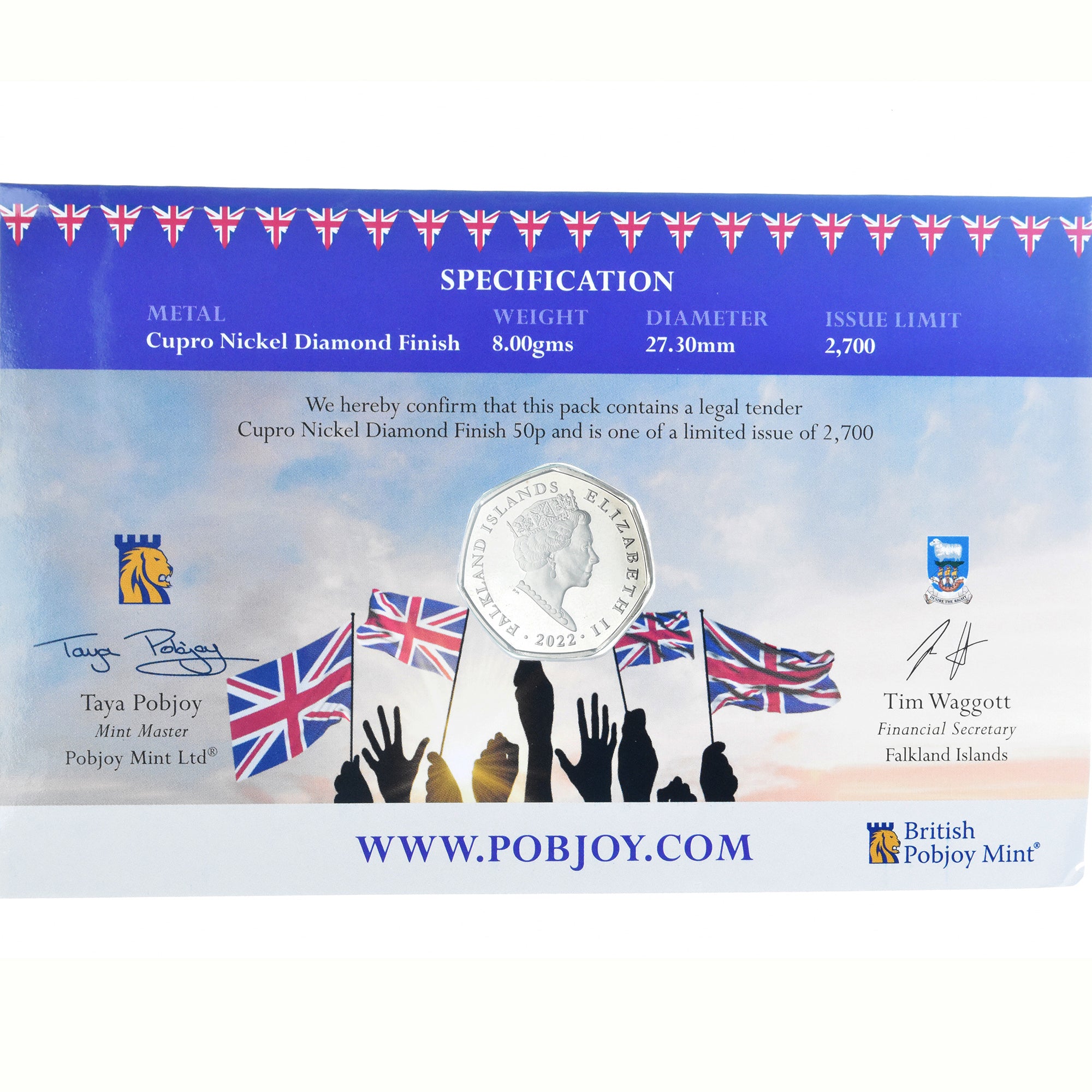 Coin, Falkland Islands, 50 Pence, 2022, Platinum Jubilee.FDC, MS(65-70)